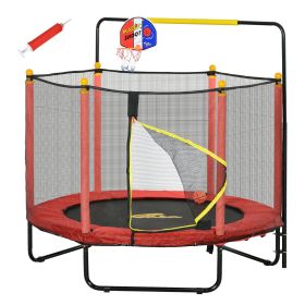 Qaba Kids Indoor Trampoline Combo with Safety Net Enclosure, Basketball Hoop, and Horizontal Bar, Red