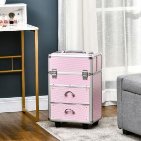 Rolling Makeup Train Case, Large Storage Cosmetic Trolley, Lockable Traveling Cart Trunk with Folding Trays, Swivel Wheels and Keys, Pink